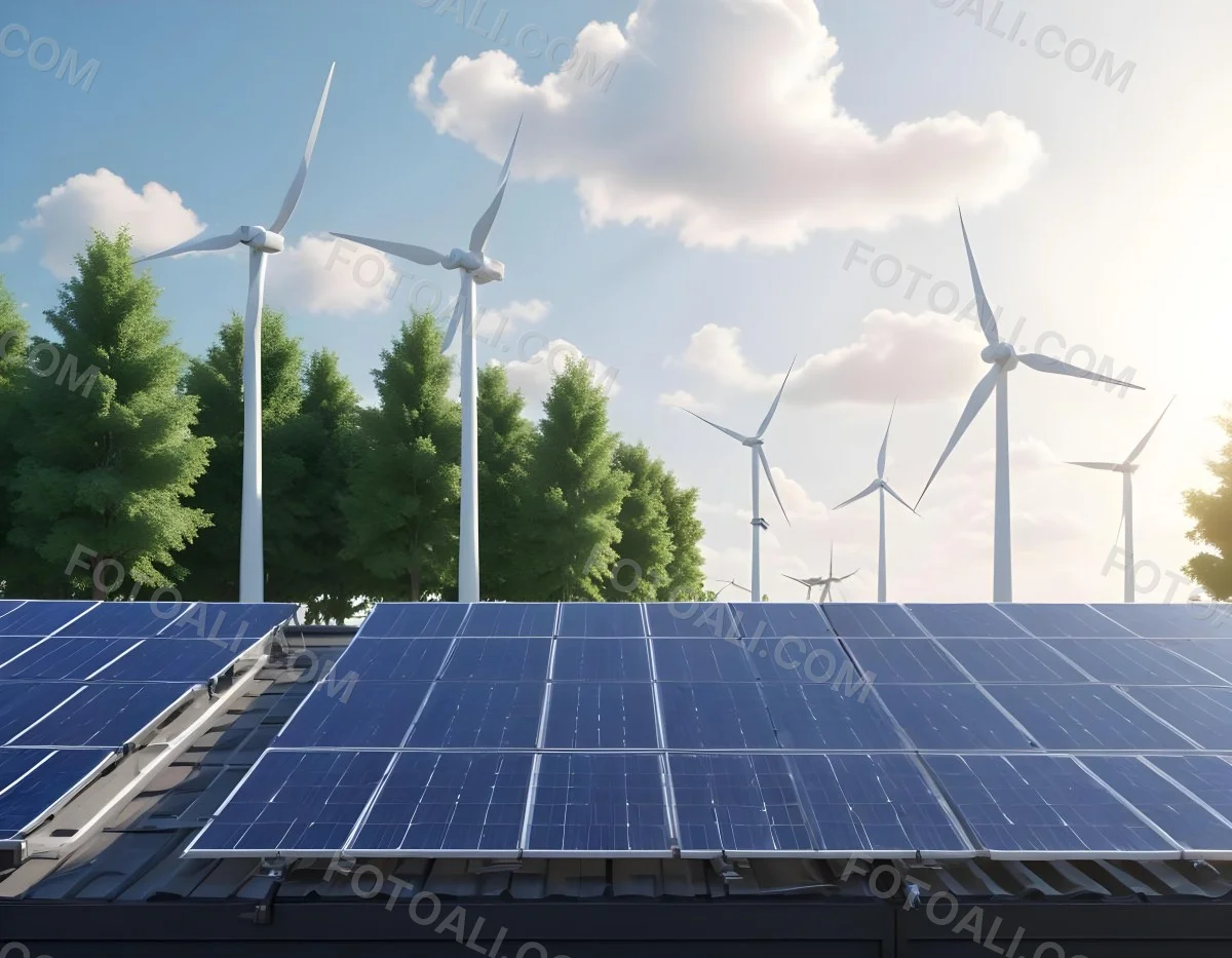 3d Model Solar Panels On A Rooftop With Wind Turbines In The Sky Green Trees Blue Sky With Some Clouds Clean Energy Concept Figure Octane Render Volumetric Highly Detailed Videogame Aesthetic 13 Fc83