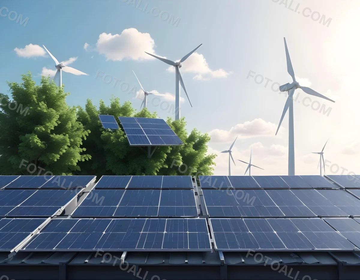 3d Model Solar Panels On A Rooftop With Wind Turbines In The Sky Green Trees Blue Sky With Some Clouds Clean Energy Concept Figure Octane Render Volumetric Highly Detailed Videogame Aesthetic 17 D9e4
