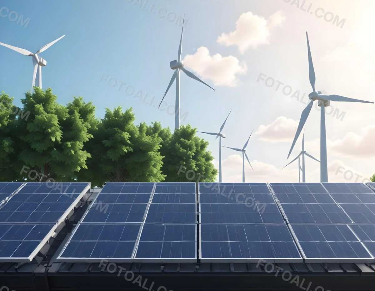 3d Model Solar Panels On A Rooftop With Wind Turbines In The Sky Green Trees Blue Sky With Some Clouds Clean Energy Concept Figure Octane Render Volumetric Highly Detailed Videogame Aesthetic 26 Afed