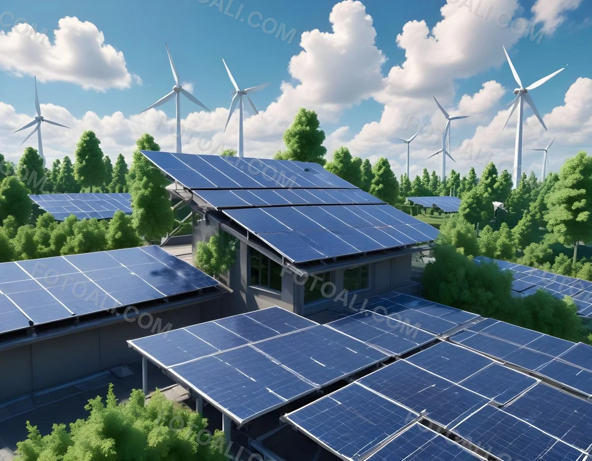 3d Model Solar Panels On A Rooftop With Wind Turbines In The Sky Green Trees Blue Sky With Some Clouds Clean Energy Concept Figure Octane Render Volumetric Highly Detailed Videogame Aesthetic 31 B2e1