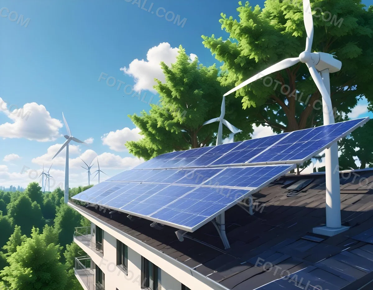 3d Model Solar Panels On A Rooftop With Wind Turbines In The Sky Green Trees Blue Sky With Some Clouds Clean Energy Concept Figure Octane Render Volumetric Highly Detailed Videogame Aesthetic 35 43db