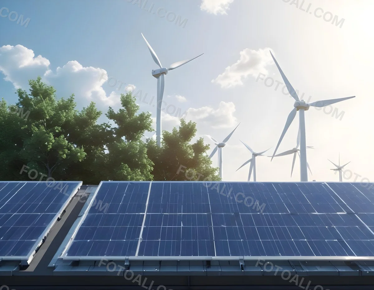 3d Model Solar Panels On A Rooftop With Wind Turbines In The Sky Green Trees Blue Sky With Some Clouds Clean Energy Concept Figure Octane Render Volumetric Highly Detailed Videogame Aesthetic 44 7f68