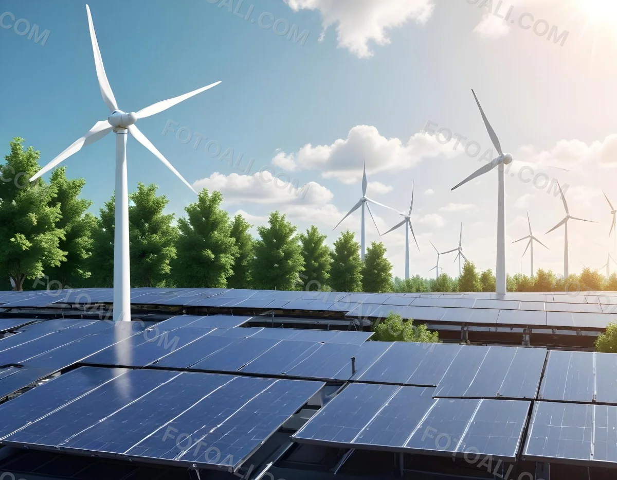 3d Model Solar Panels On A Rooftop With Wind Turbines In The Sky Green Trees Blue Sky With Some Clouds Clean Energy Concept Figure Octane Render Volumetric Highly Detailed Videogame Aesthetic 45 9c29
