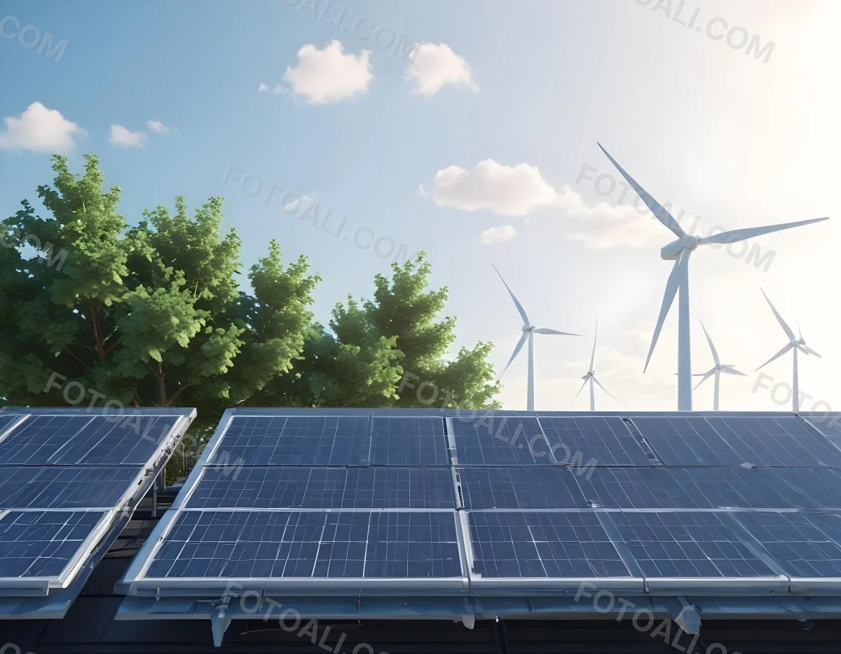 3d Model Solar Panels On A Rooftop With Wind Turbines In The Sky Green Trees Blue Sky With Some Clouds Clean Energy Concept Figure Octane Render Volumetric Highly Detailed Videogame Aesthetic 46 Db5d