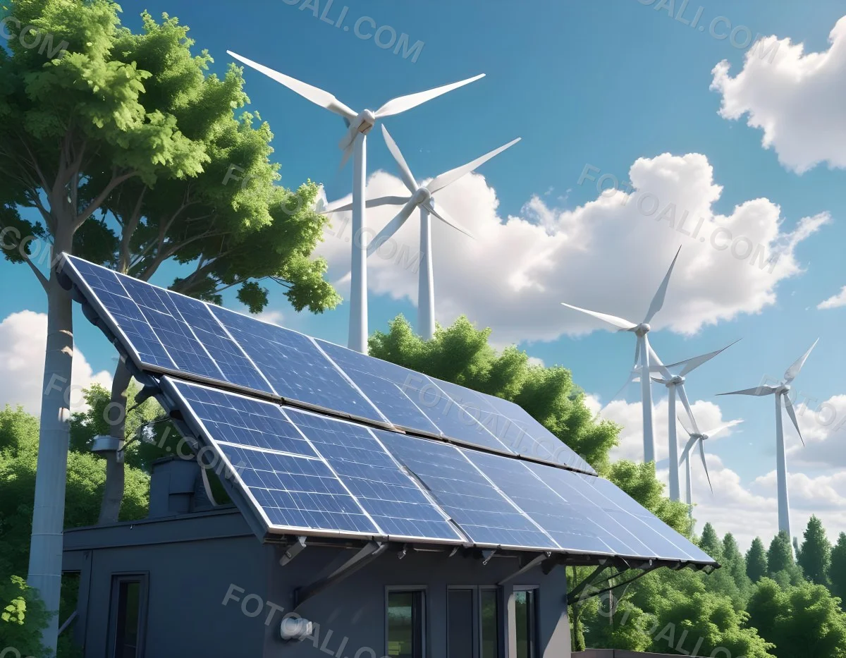 3d Model Solar Panels On A Rooftop With Wind Turbines In The Sky Green Trees Blue Sky With Some Clouds Clean Energy Concept Figure Octane Render Volumetric Highly Detailed Videogame Aesthetic 47 01fe