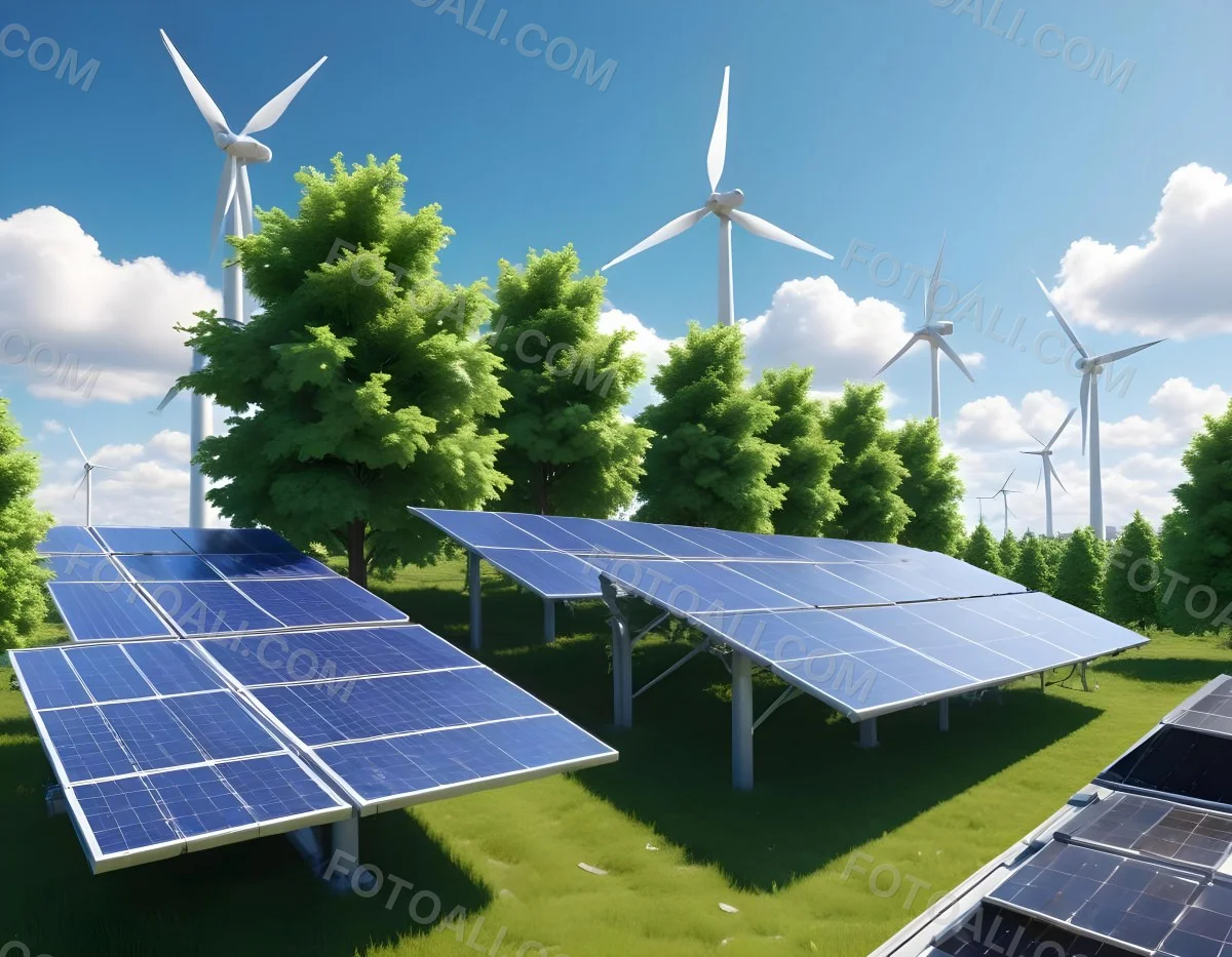 3d Model Solar Panels On A Rooftop With Wind Turbines In The Sky Green Trees Blue Sky With Some Clouds Clean Energy Concept Figure Octane Render Volumetric Highly Detailed Videogame Aesthetic 6 E3fd