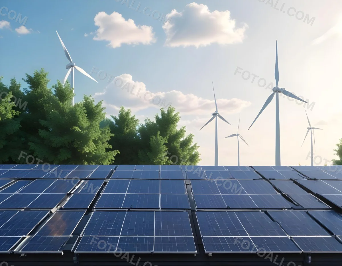 3d Model Solar Panels On A Rooftop With Wind Turbines In The Sky Green Trees Blue Sky With Some Clouds Clean Energy Concept Figure Octane Render Volumetric Highly Detailed Videogame Aesthetic 7 63e0