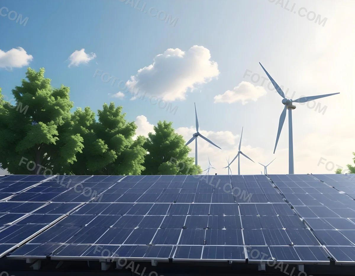 3d Model Solar Panels On A Rooftop With Wind Turbines In The Sky Green Trees Blue Sky With Some Clouds Clean Energy Concept Figure Octane Render Volumetric Highly Detailed Videogame Aesthetic 8 Dcb4