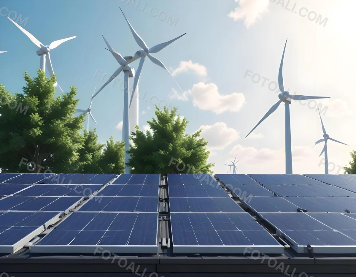 3d Model Solar Panels On A Rooftop With Wind Turbines In The Sky Green Trees Blue Sky With Some Clouds Clean Energy Concept Figure Octane Render Volumetric Highly Detailed Videogame Aesthetic 9 97de