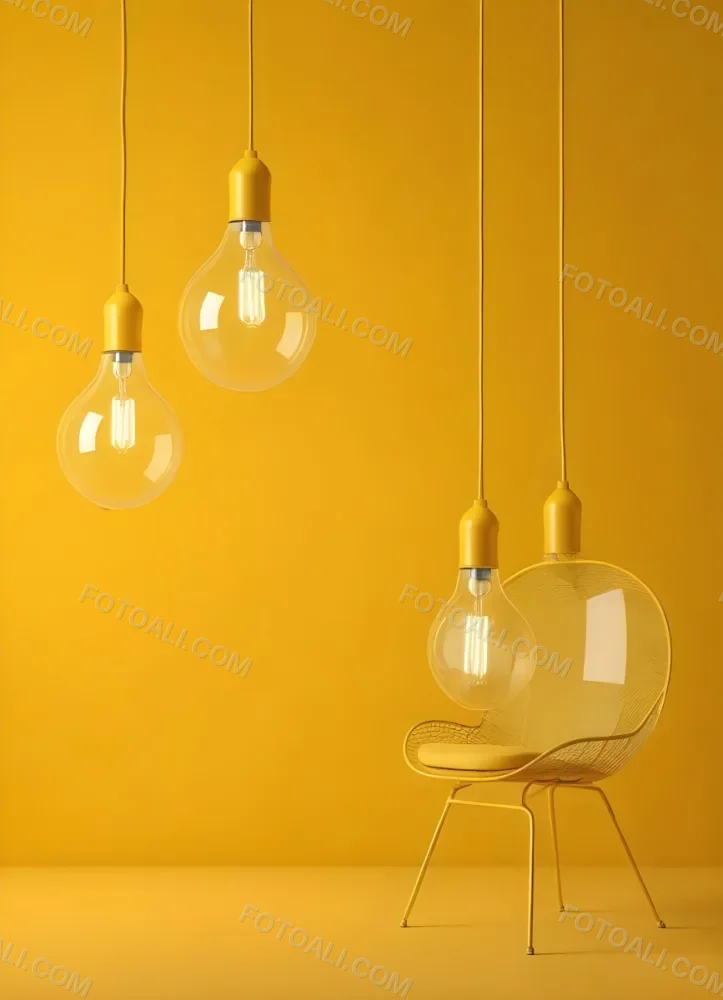 3d Model Three Hanging Light Bulbs With Visible Filaments A Yellow Chair With A Mesh Seat All Against A Solid Yellow Background Minimalist Design Figure Octane Render Volumetric Highly Detailed Videogame Aesthet 15 05d6