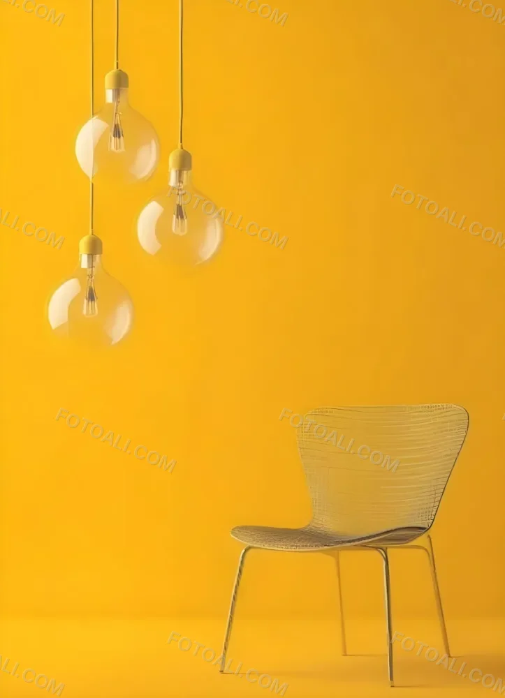 3d Model Three Hanging Light Bulbs With Visible Filaments A Yellow Chair With A Mesh Seat All Against A Solid Yellow Background Minimalist Design Figure Octane Render Volumetric Highly Detailed Videogame Aesthet 17 Ae51