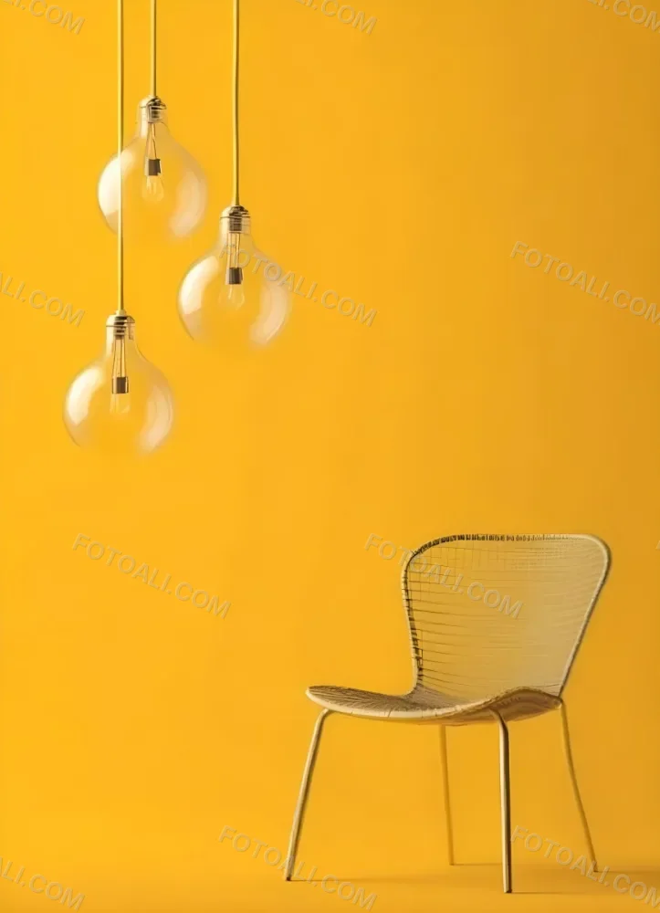 3d Model Three Hanging Light Bulbs With Visible Filaments A Yellow Chair With A Mesh Seat All Against A Solid Yellow Background Minimalist Design Figure Octane Render Volumetric Highly Detailed Videogame Aesthet 19 D8a2