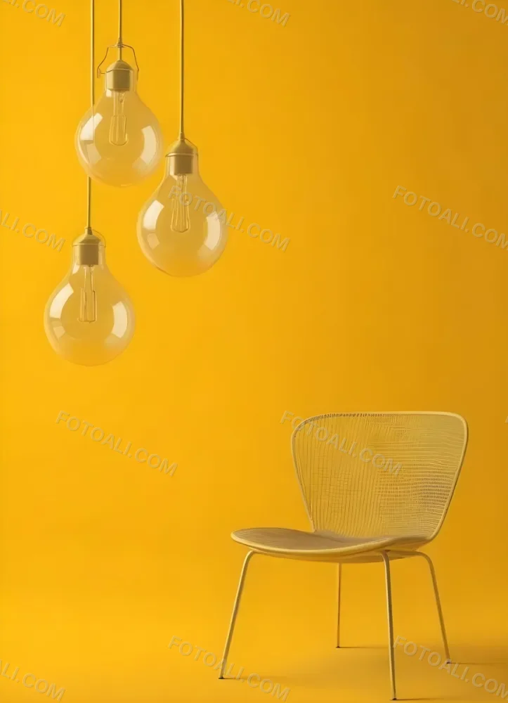 3d Model Three Hanging Light Bulbs With Visible Filaments A Yellow Chair With A Mesh Seat All Against A Solid Yellow Background Minimalist Design Figure Octane Render Volumetric Highly Detailed Videogame Aesthet 21 0b21