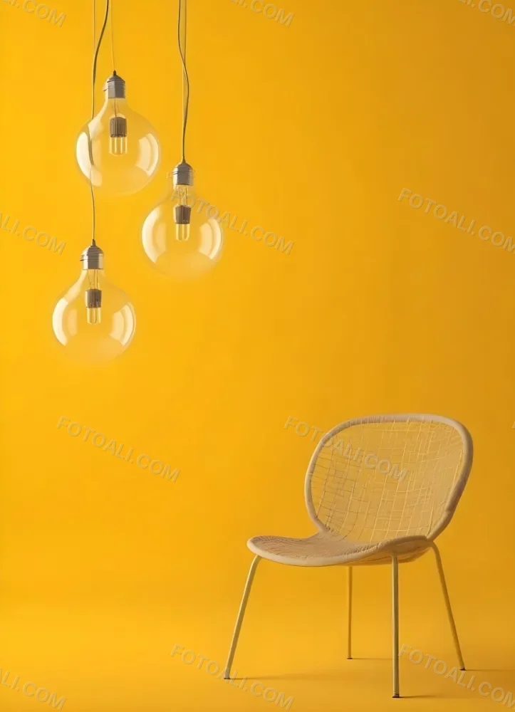 3d Model Three Hanging Light Bulbs With Visible Filaments A Yellow Chair With A Mesh Seat All Against A Solid Yellow Background Minimalist Design Figure Octane Render Volumetric Highly Detailed Videogame Aesthet 23 1de7