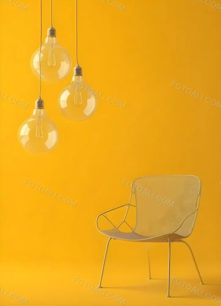 3d Model Three Hanging Light Bulbs With Visible Filaments A Yellow Chair With A Mesh Seat All Against A Solid Yellow Background Minimalist Design Figure Octane Render Volumetric Highly Detailed Videogame Aesthet 29 E4fc