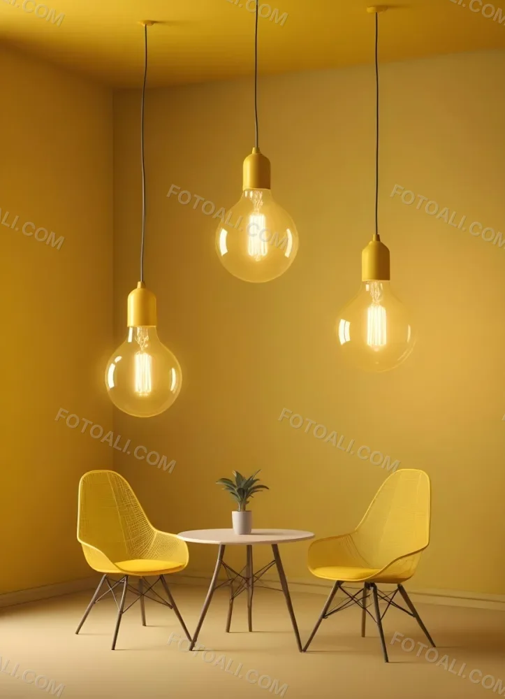 3d Model Three Hanging Light Bulbs With Visible Filaments A Yellow Chair With A Mesh Seat All Against A Solid Yellow Background Minimalist Design Figure Octane Render Volumetric Highly Detailed Videogame Aesthet 30 Cb49