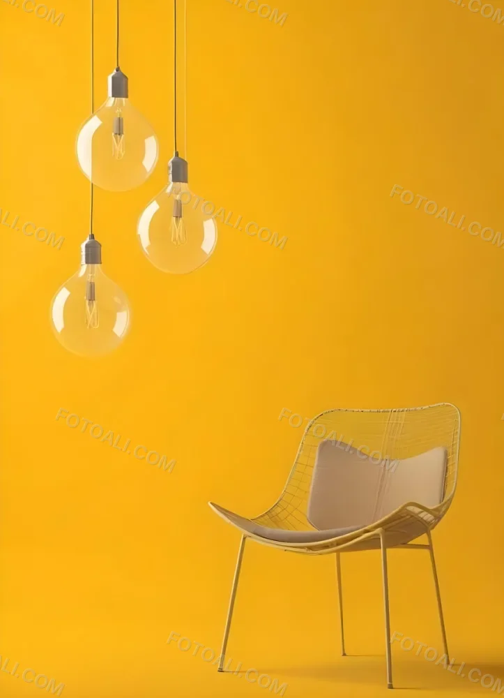 3d Model Three Hanging Light Bulbs With Visible Filaments A Yellow Chair With A Mesh Seat All Against A Solid Yellow Background Minimalist Design Figure Octane Render Volumetric Highly Detailed Videogame Aesthet 31 937d