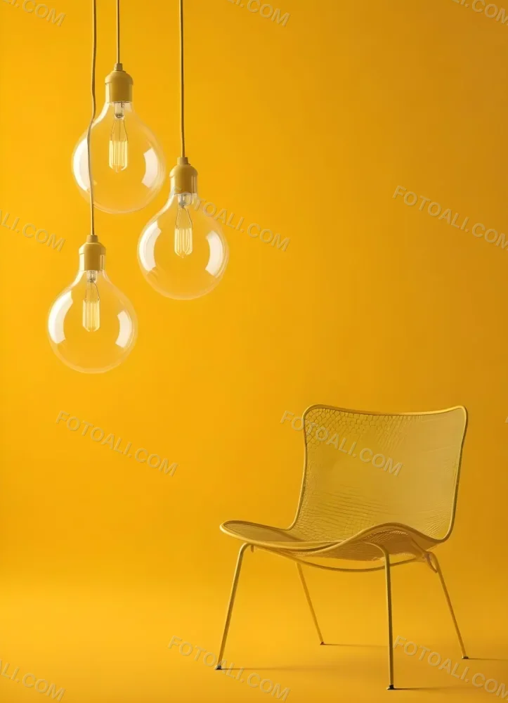 3d Model Three Hanging Light Bulbs With Visible Filaments A Yellow Chair With A Mesh Seat All Against A Solid Yellow Background Minimalist Design Figure Octane Render Volumetric Highly Detailed Videogame Aesthet 4 29a4
