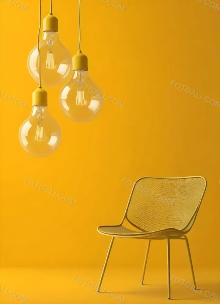 3d Model Three Hanging Light Bulbs With Visible Filaments A Yellow Chair With A Mesh Seat All Against A Solid Yellow Background Minimalist Design Figure Octane Render Volumetric Highly Detailed Videogame Aesthet 5 B58e