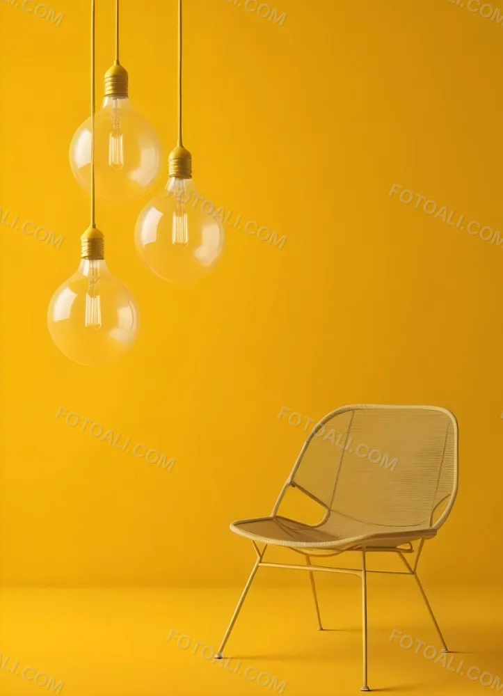 3d Model Three Hanging Light Bulbs With Visible Filaments A Yellow Chair With A Mesh Seat All Against A Solid Yellow Background Minimalist Design Figure Octane Render Volumetric Highly Detailed Videogame Aesthet 6 Eb1d