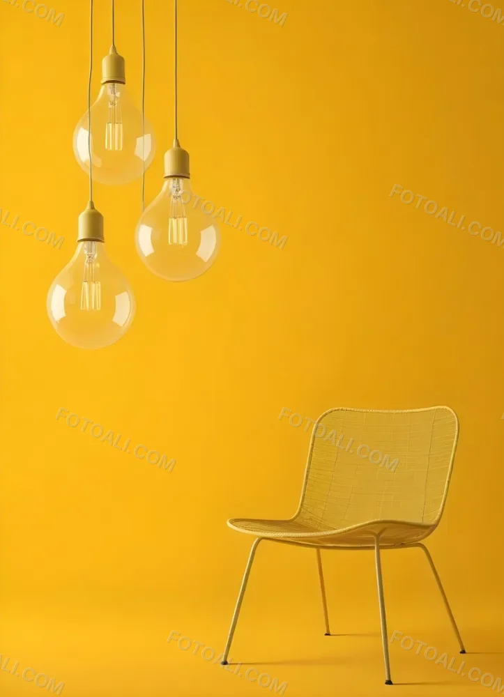 3d Model Three Hanging Light Bulbs With Visible Filaments A Yellow Chair With A Mesh Seat All Against A Solid Yellow Background Minimalist Design Figure Octane Render Volumetric Highly Detailed Videogame Aesthet 8 5b27