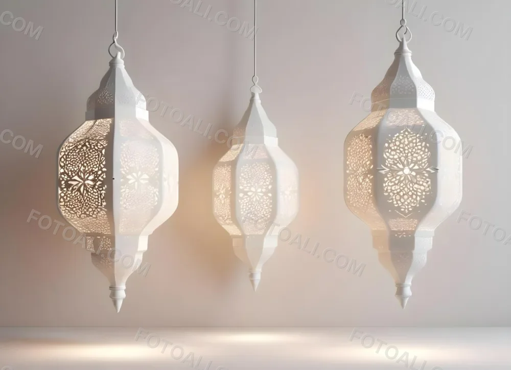 3d Model Three White Arabic Lamps Hanging In Front Of A White Background With An Arabesque Pattern Ramadan Kareem Eid Mubarak Islamic Design Figure Octane Render Volumetric Highly Detailed Videogame Aesthetic 11 4fb3