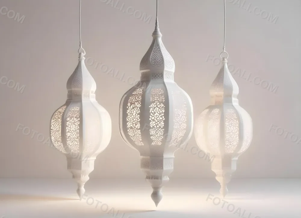 3d Model Three White Arabic Lamps Hanging In Front Of A White Background With An Arabesque Pattern Ramadan Kareem Eid Mubarak Islamic Design Figure Octane Render Volumetric Highly Detailed Videogame Aesthetic 13 06eb