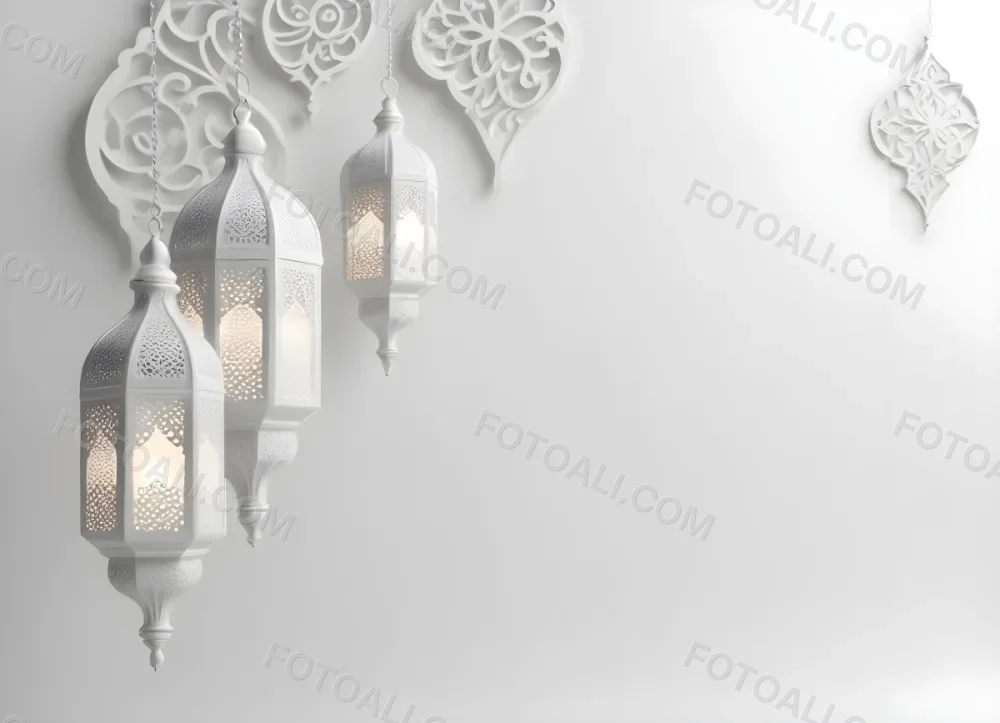 3d Model Three White Arabic Lamps Hanging In Front Of A White Background With An Arabesque Pattern Ramadan Kareem Eid Mubarak Islamic Design Figure Octane Render Volumetric Highly Detailed Videogame Aesthetic 19 0c53