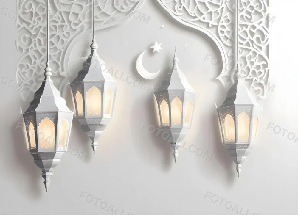 3d Model Three White Arabic Lamps Hanging In Front Of A White Background With An Arabesque Pattern Ramadan Kareem Eid Mubarak Islamic Design Figure Octane Render Volumetric Highly Detailed Videogame Aesthetic 22 24c5