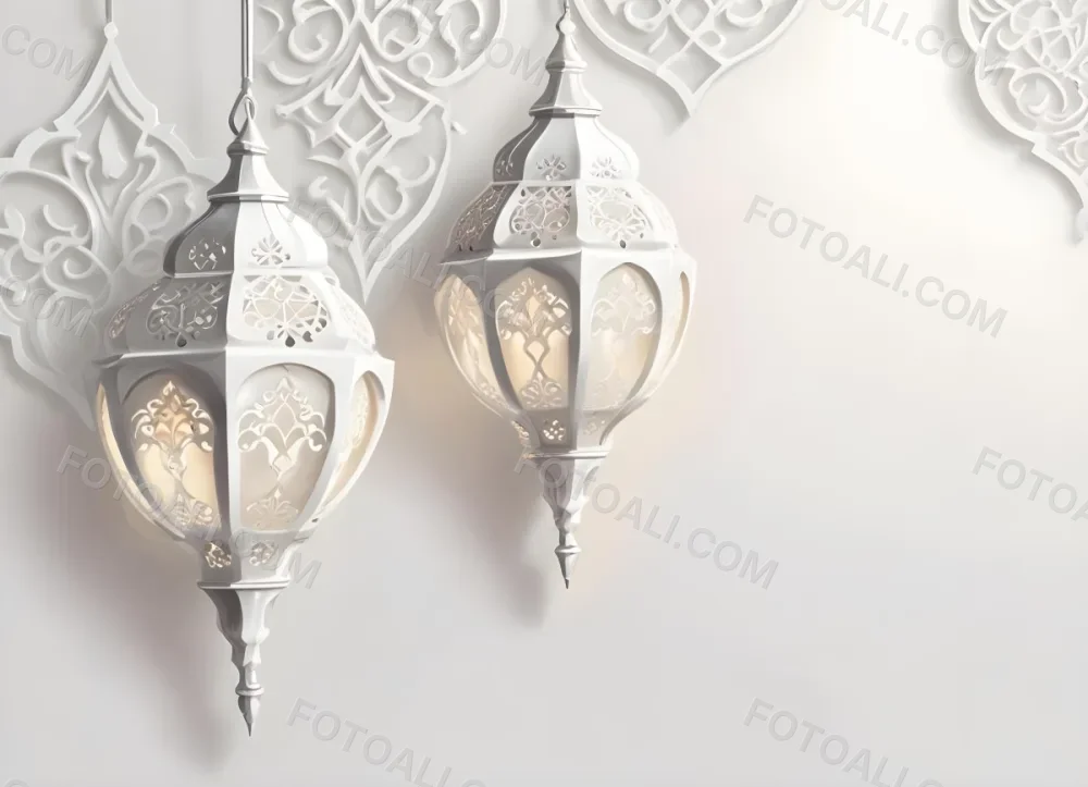 3d Model Three White Arabic Lamps Hanging In Front Of A White Background With An Arabesque Pattern Ramadan Kareem Eid Mubarak Islamic Design Figure Octane Render Volumetric Highly Detailed Videogame Aesthetic 32 0d09