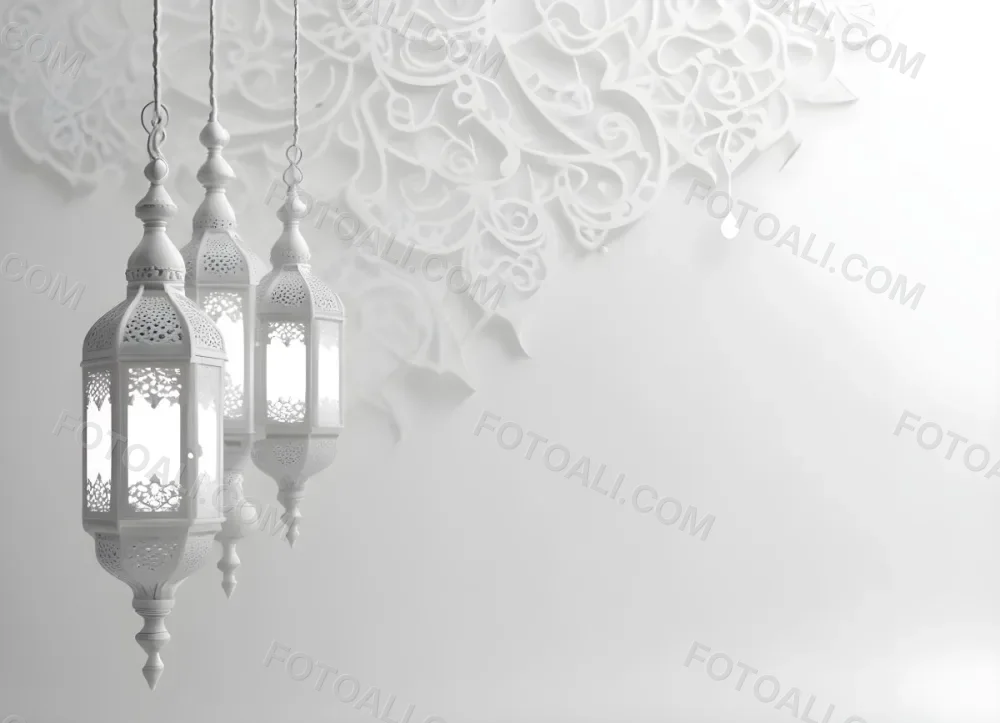 3d Model Three White Arabic Lamps Hanging In Front Of A White Background With An Arabesque Pattern Ramadan Kareem Eid Mubarak Islamic Design Figure Octane Render Volumetric Highly Detailed Videogame Aesthetic 39 Caa5