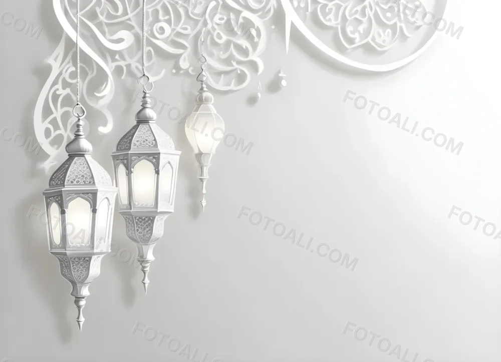 3d Model Three White Arabic Lamps Hanging In Front Of A White Background With An Arabesque Pattern Ramadan Kareem Eid Mubarak Islamic Design Figure Octane Render Volumetric Highly Detailed Videogame Aesthetic 40 47ae
