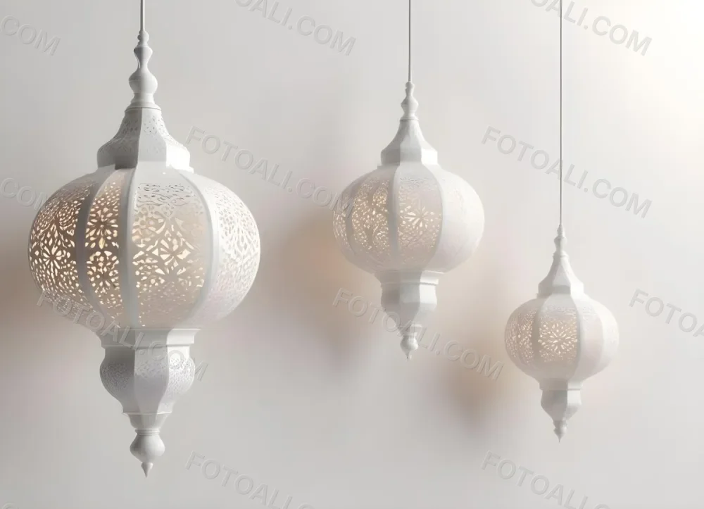 3d Model Three White Arabic Lamps Hanging In Front Of A White Background With An Arabesque Pattern Ramadan Kareem Eid Mubarak Islamic Design Figure Octane Render Volumetric Highly Detailed Videogame Aesthetic 41 D925