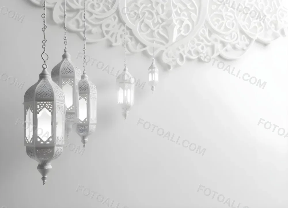 3d Model Three White Arabic Lamps Hanging In Front Of A White Background With An Arabesque Pattern Ramadan Kareem Eid Mubarak Islamic Design Figure Octane Render Volumetric Highly Detailed Videogame Aesthetic 44 1477
