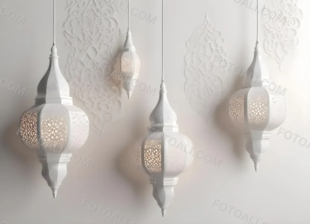 3d Model Three White Arabic Lamps Hanging In Front Of A White Background With An Arabesque Pattern Ramadan Kareem Eid Mubarak Islamic Design Figure Octane Render Volumetric Highly Detailed Videogame Aesthetic 5 A81f