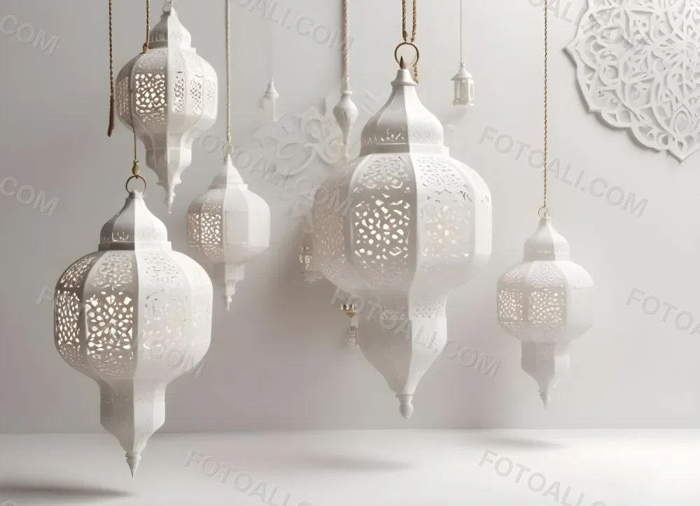 3d Model Three White Arabic Lamps Hanging In Front Of A White Background With An Arabesque Pattern Ramadan Kareem Eid Mubarak Islamic Design Figure Octane Render Volumetric Highly Detailed Videogame Aesthetic 6 8715