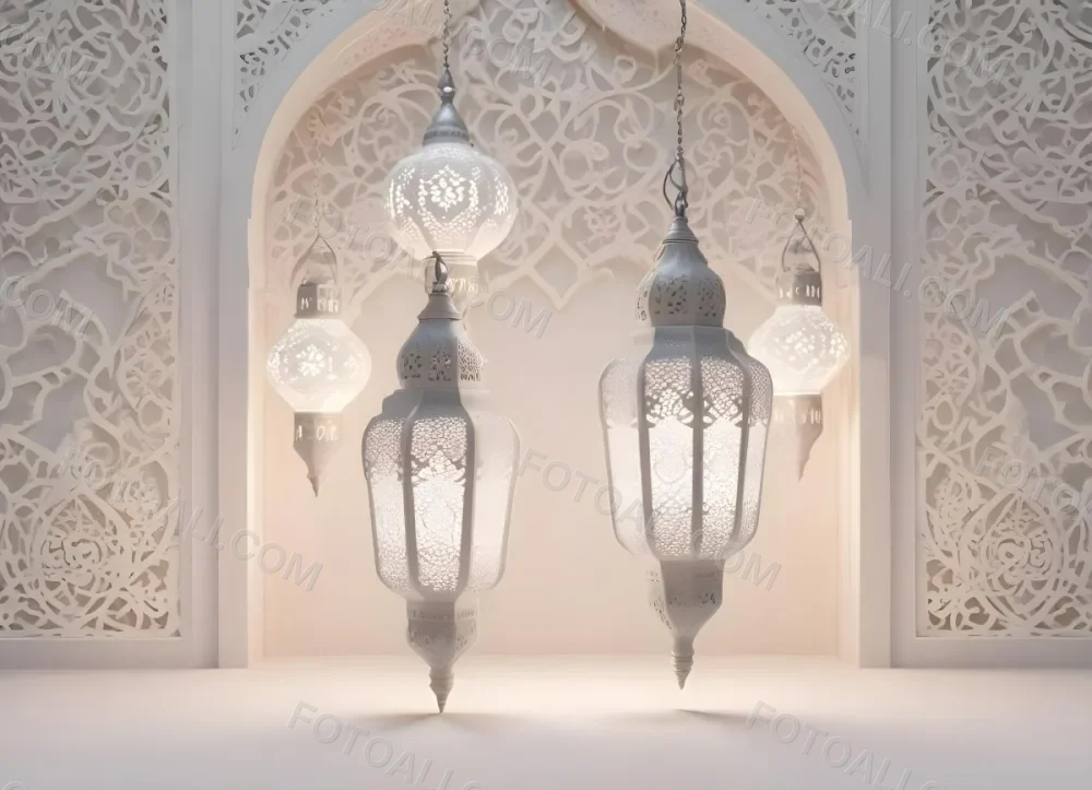 3d Model Three White Arabic Lamps Hanging In Front Of A White Background With An Arabesque Pattern Ramadan Kareem Eid Mubarak Islamic Design Figure Octane Render Volumetric Highly Detailed Videogame Aesthetic 7 1a6e