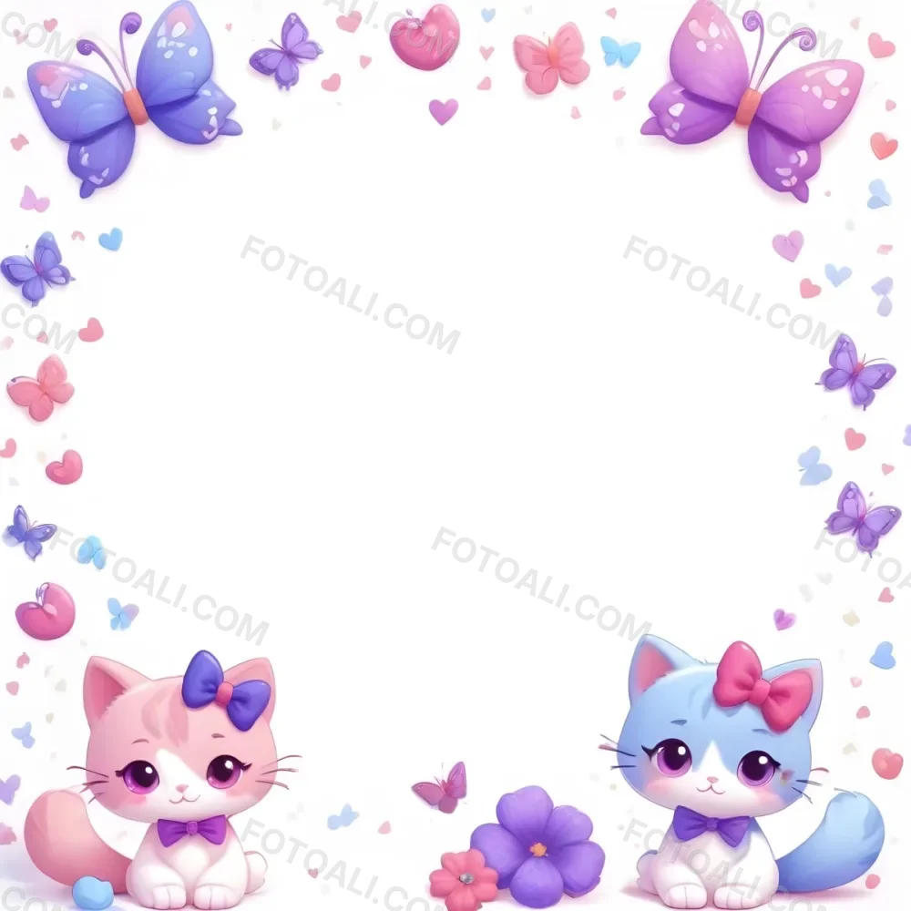 3d Model Two Cute Cartoon Cats One Purple With A Bow And One Blue With A Bow Are Positioned At The Bottom Corners The Background Is Decorated With Colorful Butterflies Hearts And Flowers In Various Shades Of Pink 34 C9a0