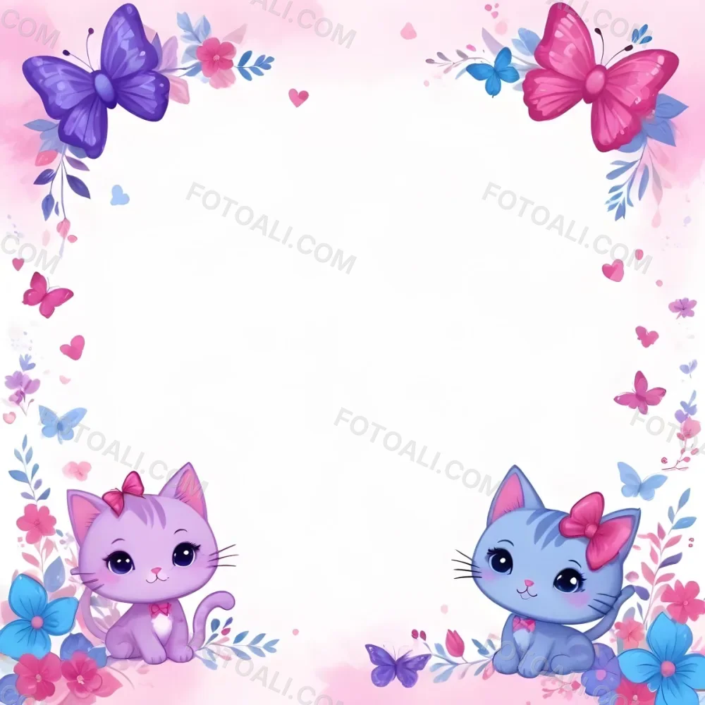 3d Model Two Cute Cartoon Cats One Purple With A Bow And One Blue With A Bow Are Positioned At The Bottom Corners The Background Is Decorated With Colorful Butterflies Hearts And Flowers In Various Shades Of Pink 41 40c3