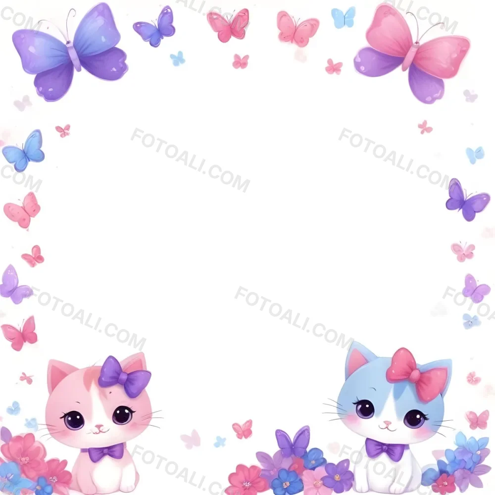 3d Model Two Cute Cartoon Cats One Purple With A Bow And One Blue With A Bow Are Positioned At The Bottom Corners The Background Is Decorated With Colorful Butterflies Hearts And Flowers In Various Shades Of Pink 51 Ed57