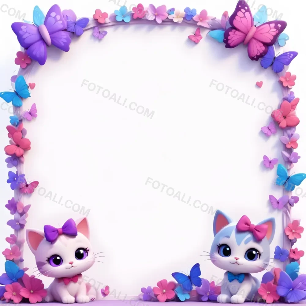 3d Model Two Cute Cartoon Cats One Purple With A Bow And One Blue With A Bow Are Positioned At The Bottom Corners The Background Is Decorated With Colorful Butterflies Hearts And Flowers In Various Shades Of Pink 60 Fbbe