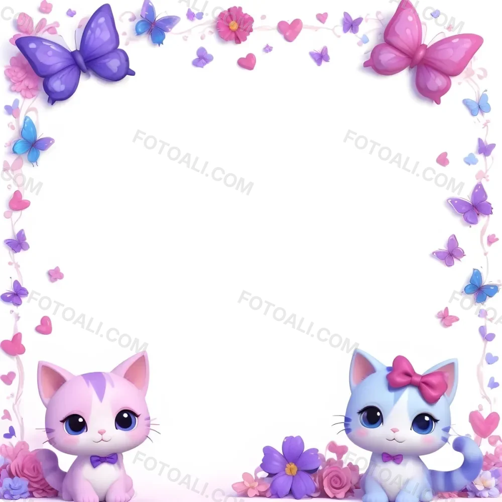 3d Model Two Cute Cartoon Cats One Purple With A Bow And One Blue With A Bow Are Positioned At The Bottom Corners The Background Is Decorated With Colorful Butterflies Hearts And Flowers In Various Shades Of Pink 63 B479