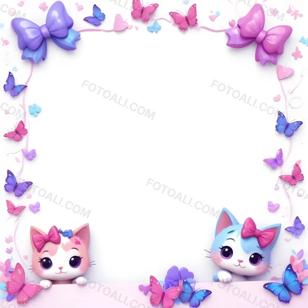 3d Model Two Cute Cartoon Cats One Purple With A Bow And One Blue With A Bow Are Positioned At The Bottom Corners The Background Is Decorated With Colorful Butterflies Hearts And Flowers In Various Shades Of Pink 73 A68a