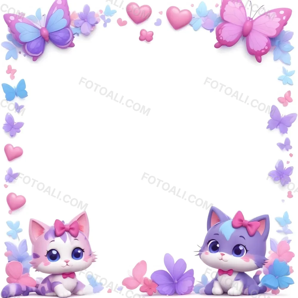 3d Model Two Cute Cartoon Cats One Purple With A Bow And One Blue With A Bow Are Positioned At The Bottom Corners The Background Is Decorated With Colorful Butterflies Hearts And Flowers In Various Shades Of Pink 74 4b25