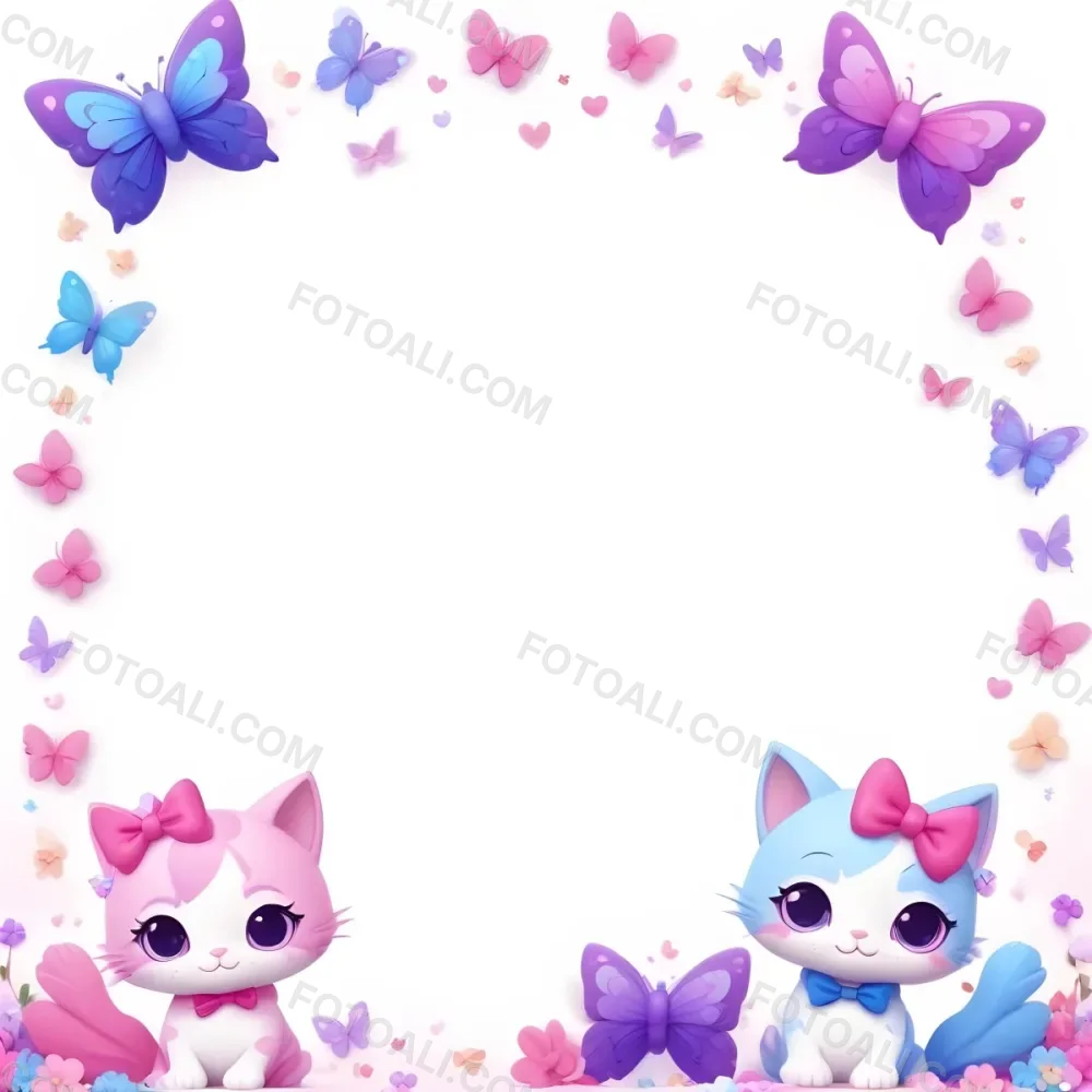 3d Model Two Cute Cartoon Cats One Purple With A Bow And One Blue With A Bow Are Positioned At The Bottom Corners The Background Is Decorated With Colorful Butterflies Hearts And Flowers In Various Shades Of Pink 75 B321