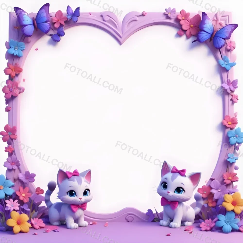 3d Model Two Cute Cartoon Cats One Purple With A Bow And One Blue With A Bow Are Positioned At The Bottom Corners The Background Is Decorated With Colorful Butterflies Hearts And Flowers In Various Shades Of Pink 79 2695