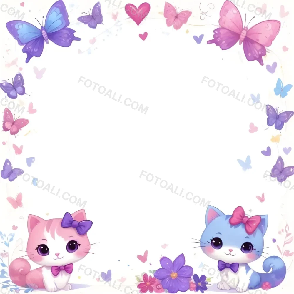 3d Model Two Cute Cartoon Cats One Purple With A Bow And One Blue With A Bow Are Positioned At The Bottom Corners The Background Is Decorated With Colorful Butterflies Hearts And Flowers In Various Shades Of Pink 8 5eca