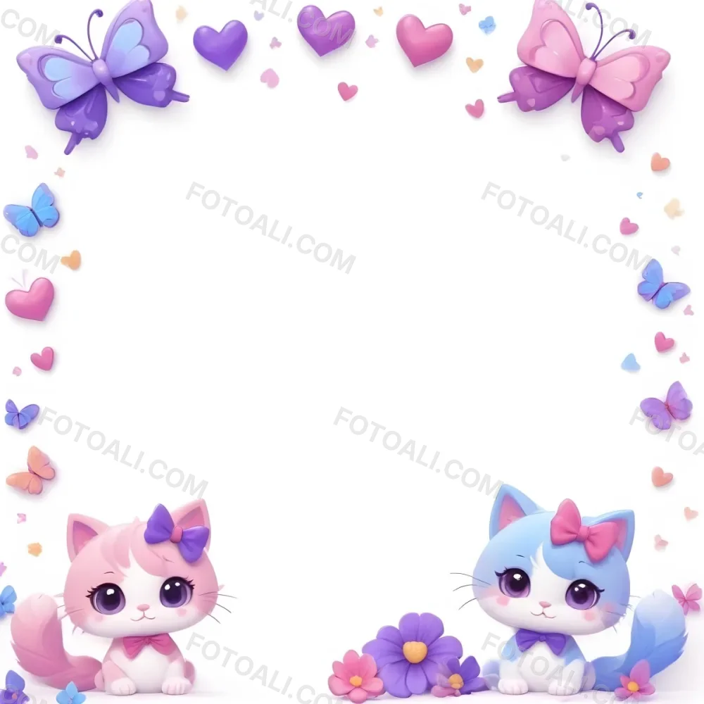 3d Model Two Cute Cartoon Cats One Purple With A Bow And One Blue With A Bow Are Positioned At The Bottom Corners The Background Is Decorated With Colorful Butterflies Hearts And Flowers In Various Shades Of Pink 81 A7f9