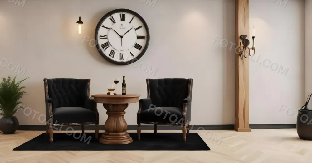 3d Model Two Elegant Chairs With Dark Upholstery And Wooden Frames Positioned Beside A Small Pedestal Table On The Table There Is A Bottle Of Whiskey A Large Wall Clock With Roman Numerals Is Mounted Above The Chair 14 5c28