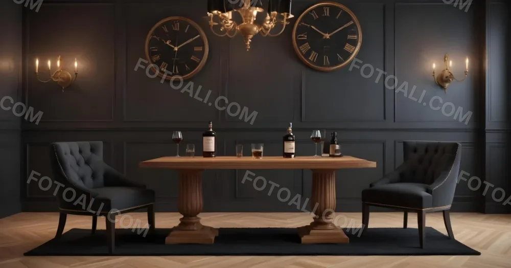 3d Model Two Elegant Chairs With Dark Upholstery And Wooden Frames Positioned Beside A Small Pedestal Table On The Table There Is A Bottle Of Whiskey A Large Wall Clock With Roman Numerals Is Mounted Above The Chair 18 0bc2
